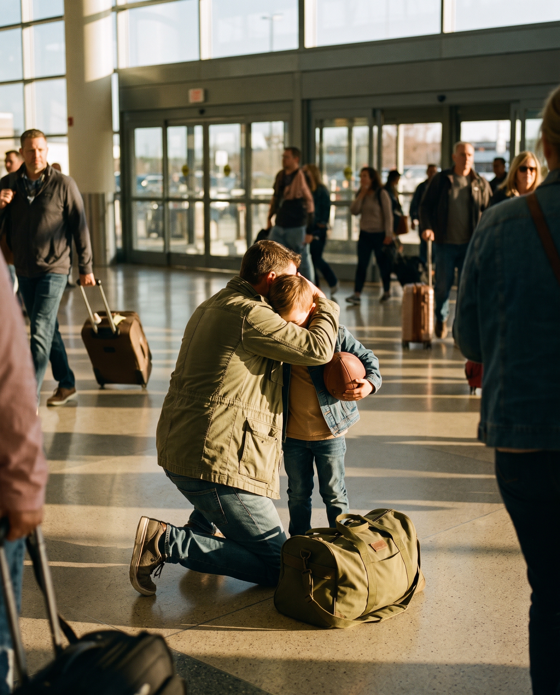 A serviceman kneeling to hug his son at airport arrivals